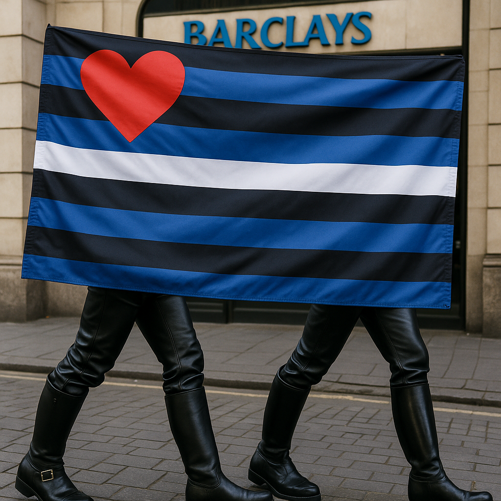 Two individuals dressed in full black leather pants and knee-high engineer and patrol boots march side by side down a paved street, holding a large Leather Pride flag that partially obscures a Barclays bank storefront behind them. The flag’s black, blue, white stripes and red heart contrast starkly against the muted tones of the bank, symbolising resistance and visibility in the face of corporate withdrawal from Pride sponsorship.
