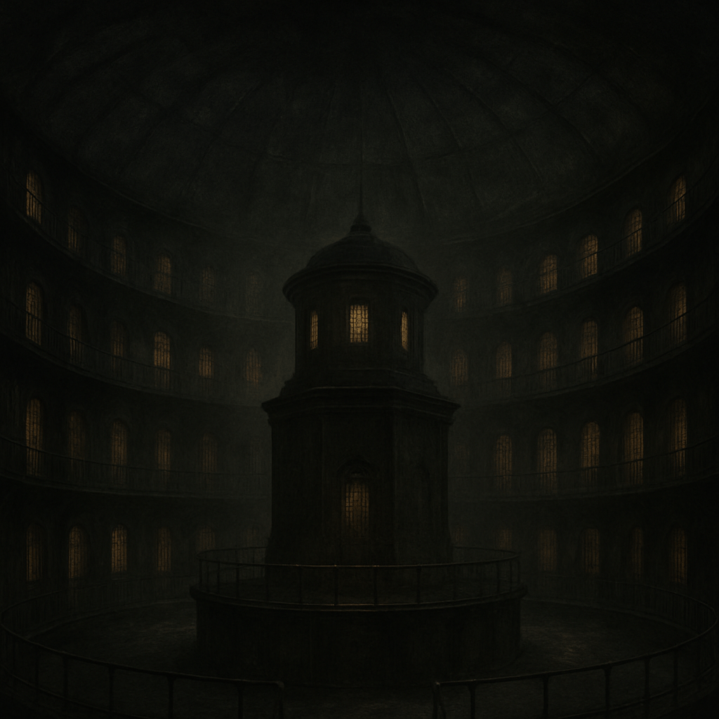 A digital painting in a dark, atmospheric style depicting the interior of a circular panopticon. The structure is lined with shadowy, barred cells facing a central observation tower. The tower glows ominously, casting light outward while remaining impenetrable itself. The architecture is stark, cold, and oppressive, evoking themes of surveillance, control, and isolation. The overall tone is foreboding, symbolic of institutional power and the internalisation of being watched.