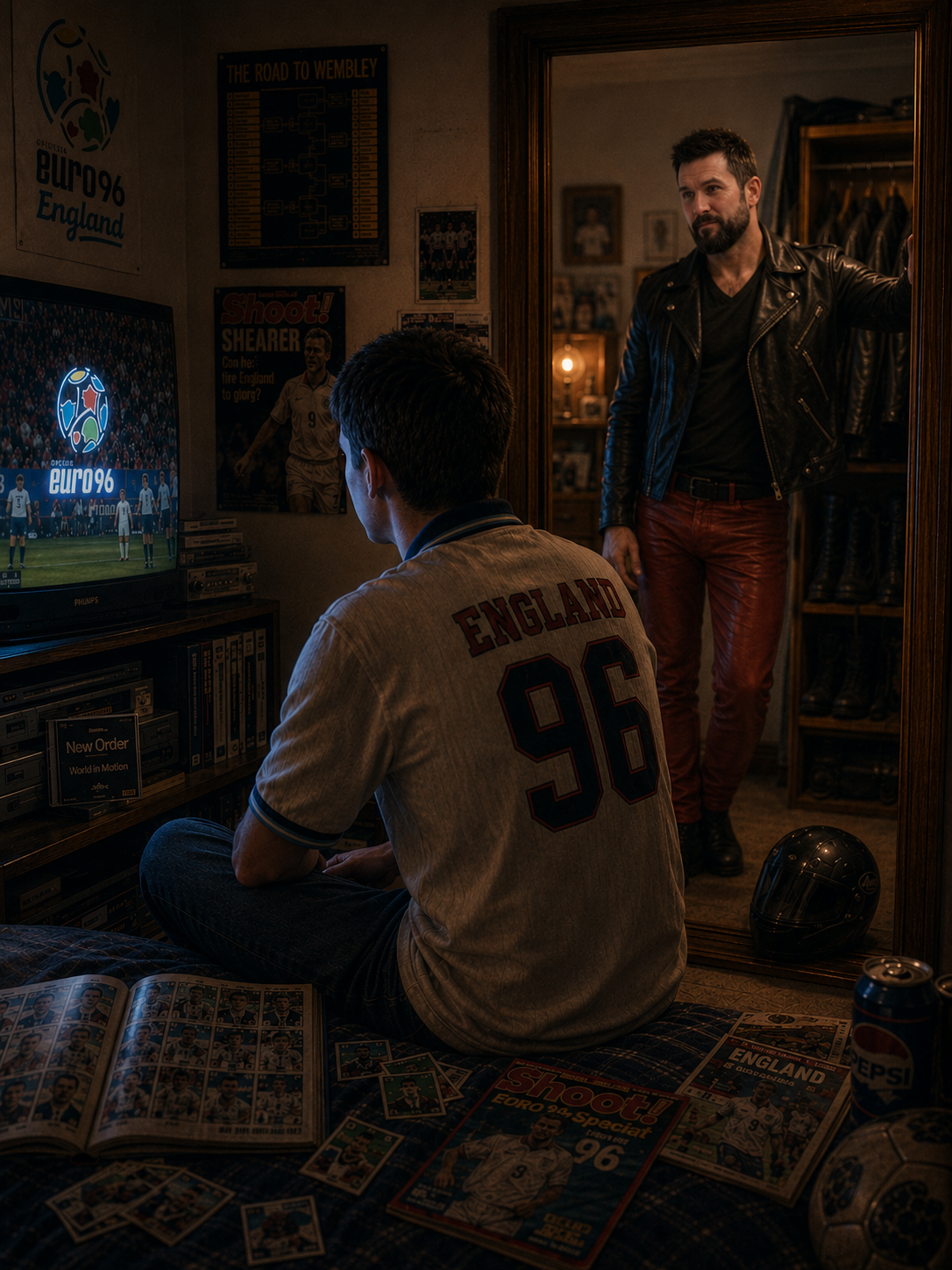 A teenage boy in an England Euro ’96 shirt sits on his bed watching football on a CRT television, surrounded by 1990s football memorabilia, while his older leather-clad self appears in a mirror behind him, looking back with quiet compassion.