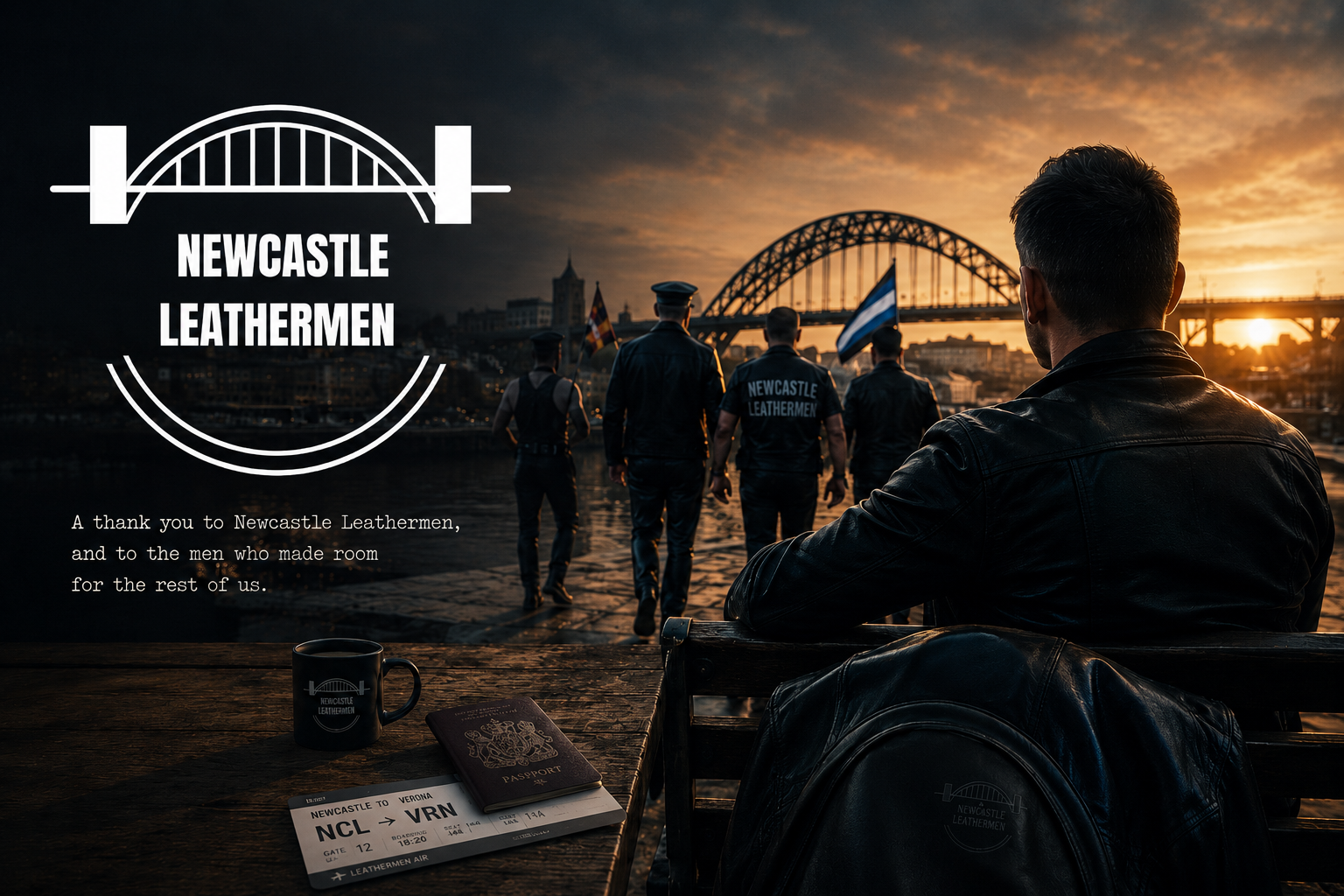 Alt text: A cinematic sunset scene on Newcastle Quayside shows a leather-clad man seated on a bench, seen from behind, watching a group of Newcastle Leathermen walking towards the Tyne Bridge with pride flags. A large Newcastle Leathermen logo appears on the left, alongside the words: “A thank you to Newcastle Leathermen, and to the men who made room for the rest of us.” On the table beside him are a coffee mug, passport, and boarding pass marked Newcastle to Verona, symbolising his absence from the group’s Edinburgh Pride journey while reflecting on community, belonging and gratitude.