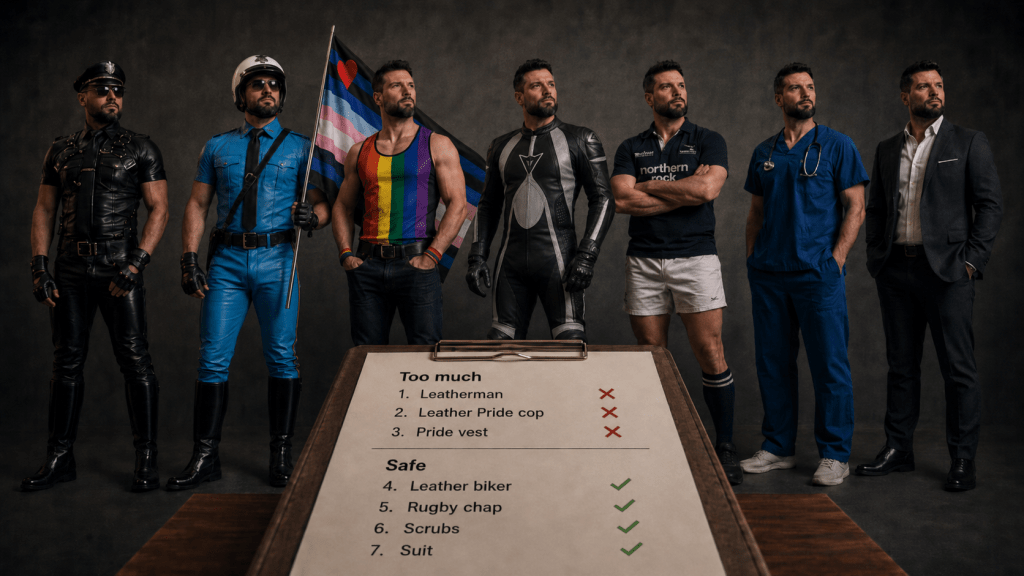 A cinematic studio-style lineup shows seven versions of the same bearded man standing side by side against a dark grey backdrop, each dressed as a different persona. From left to right: a black-clad leatherman in cap and boots, a blue leather Pride cop wearing a white helmet, a Pride vest figure holding a trans leather Pride flag, a biker in black-and-silver motorcycle leathers, a rugby chap in sports kit, a doctor in blue scrubs with a stethoscope, and a suited professional. In the foreground, a clipboard divides the identities into two categories: “Too much,” marked with red crosses for the leatherman, leather Pride cop and Pride vest, and “Safe,” marked with green ticks for the biker, rugby chap, scrubs and suit.