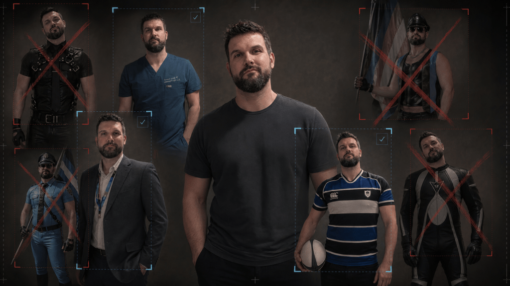 A dark, editorial-style composite portrait shows a bearded man in a plain black T-shirt standing at the centre, surrounded by different versions of himself in framed portrait boxes. The “acceptable” selves — doctor in blue scrubs, suited professional and rugby player — are highlighted with blue crop marks and check symbols. The more visibly queer or subcultural selves — leatherman, blue leather Pride cop, flag-bearing Pride figure and black-and-silver biker — are pushed toward the edges and marked with large red crosses. The image suggests an unseen editor deciding which parts of the self are safe to keep and which must be removed.