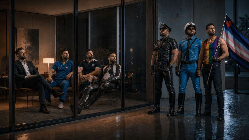A cinematic night-time scene shows seven versions of the same bearded man divided by a glass wall. Inside a warm, softly lit modern room sit the “safe” personas: a suited professional, a doctor in blue scrubs, a rugby chap and a biker in black-and-silver motorcycle leathers. Outside, in cooler light on a reflective floor, stand the more visibly queer personas: a black-clad leatherman, a blue leather Pride cop wearing a white helmet, and a Pride-vest figure holding a trans leather Pride flag. The glass wall separates respectability from visibility, suggesting exclusion, internal judgement and the longing for all parts of the self to be accepted.