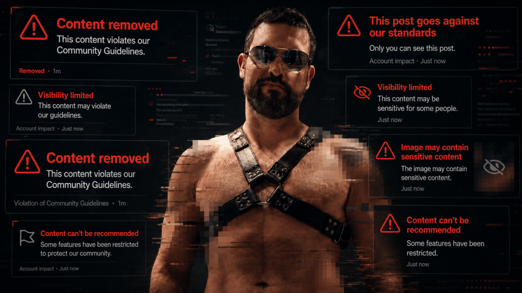 A leatherman in black harness. His is surrounded by “Content removed” moderation warning. A faded rainbow poster is visible on the wall, suggesting queer visibility being restricted or erased.