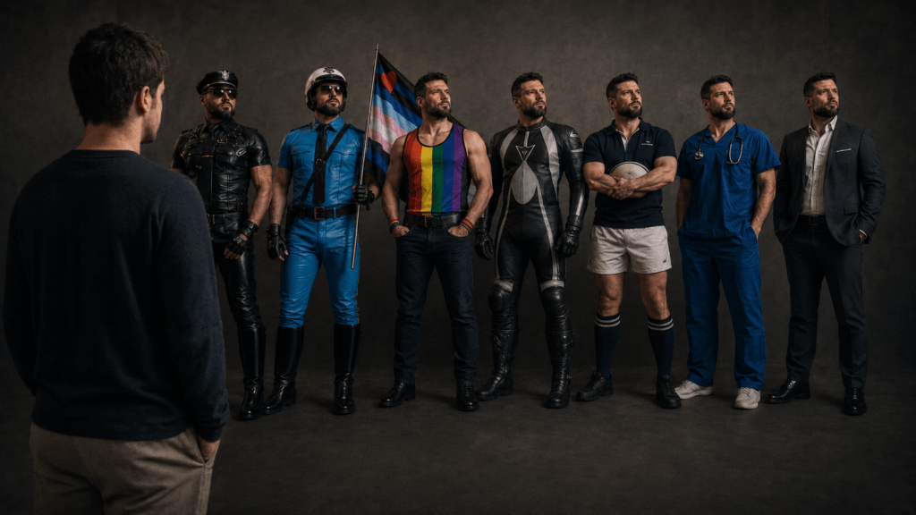 A moody studio-style image shows a teenage boy standing in the foreground with his back partly turned to the viewer, watching a lineup of seven adult versions of himself. The adult figures represent different future identities: a black-clad leatherman, a blue leather Pride marcher, a rainbow Pride vest figure holding a trans Pride flag, a motorcycle rider in black-and-silver leathers, a rugby chap, a doctor in blue scrubs and a suited professional. The teenager appears quiet and uncertain, as though observing the possible selves he may become. The image suggests the early formation of shame, self-monitoring and the longing to one day bring all parts of the self together.